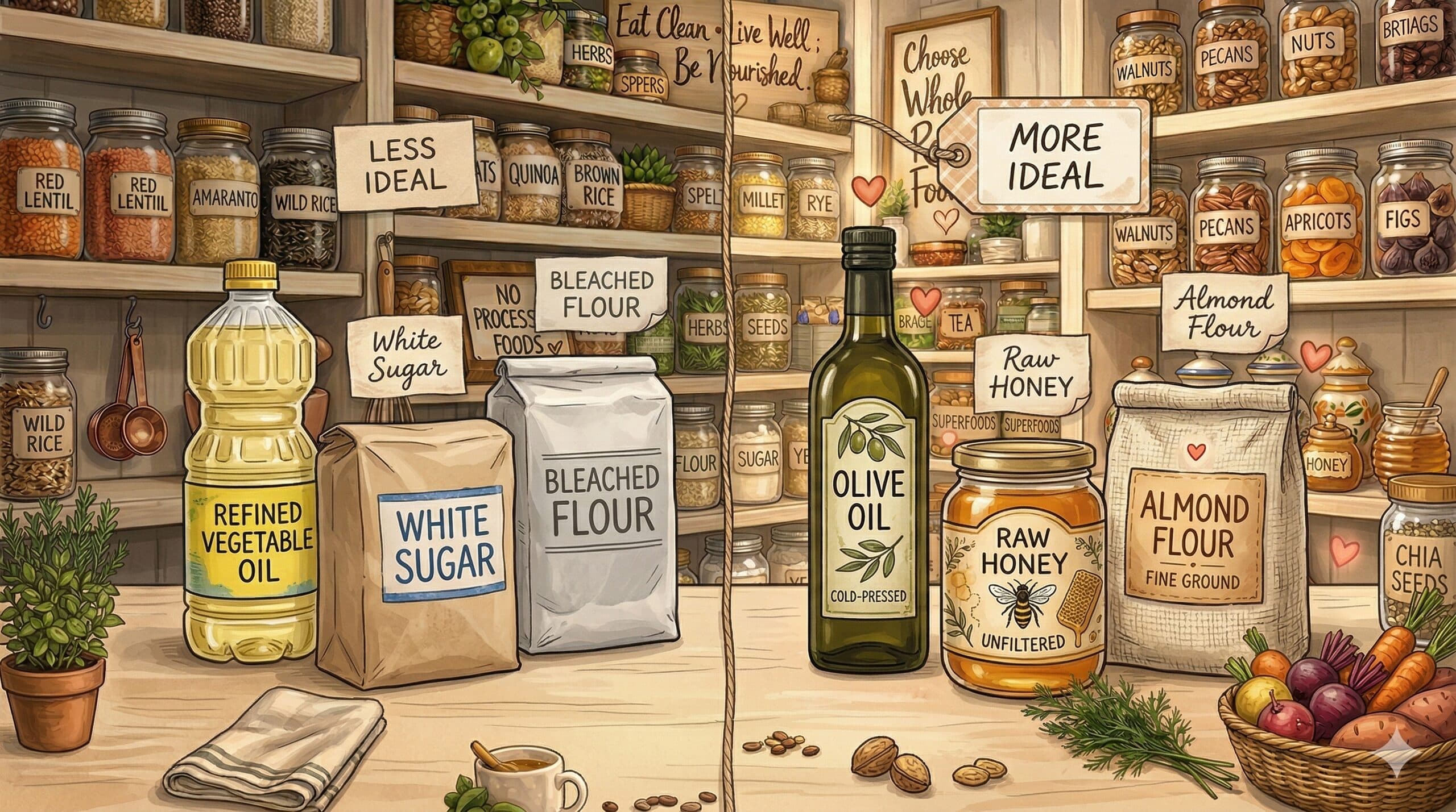 Illustrated side-by-side comparison of refined vs wholesome ingredients