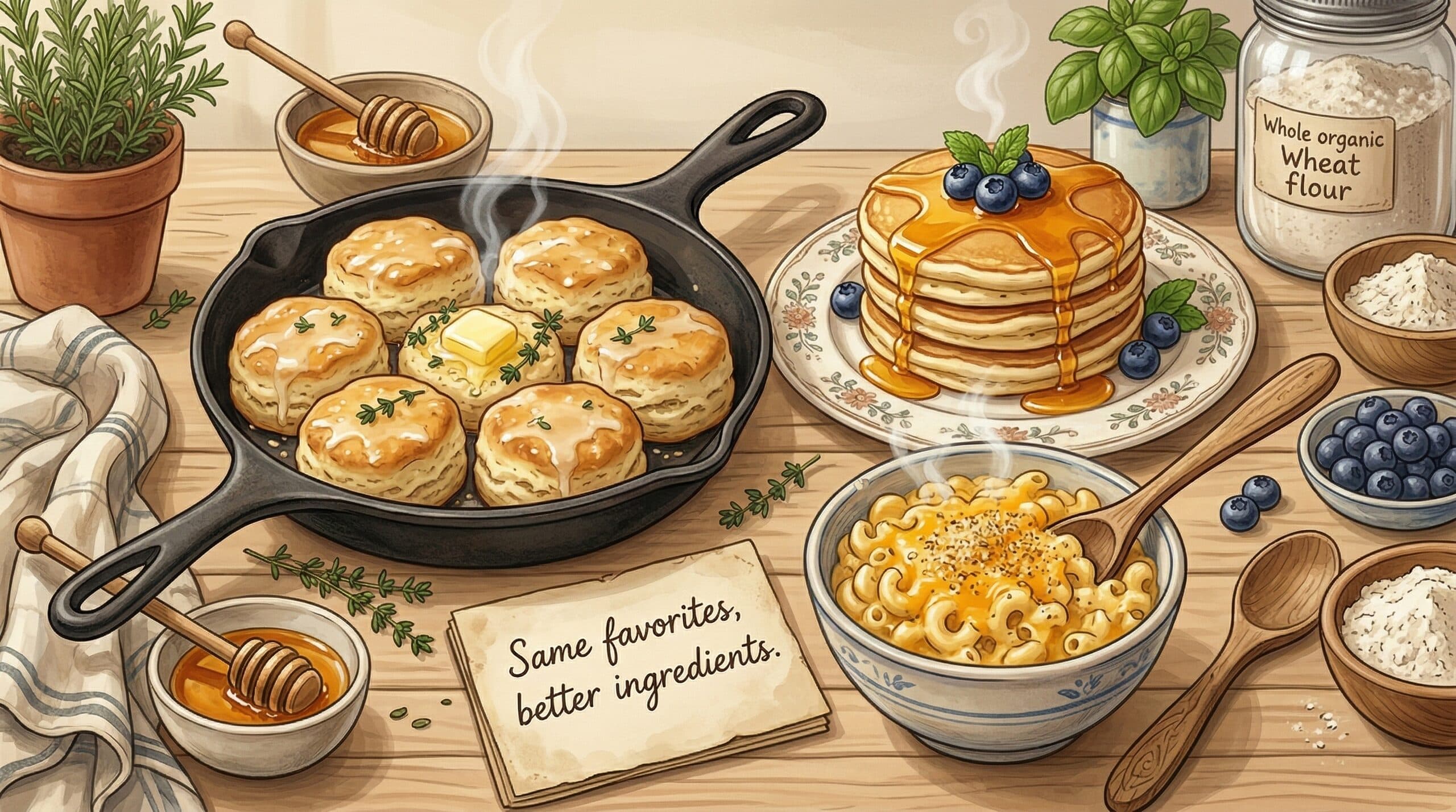 Illustrated comfort foods: biscuits, pancakes, and mac and cheese