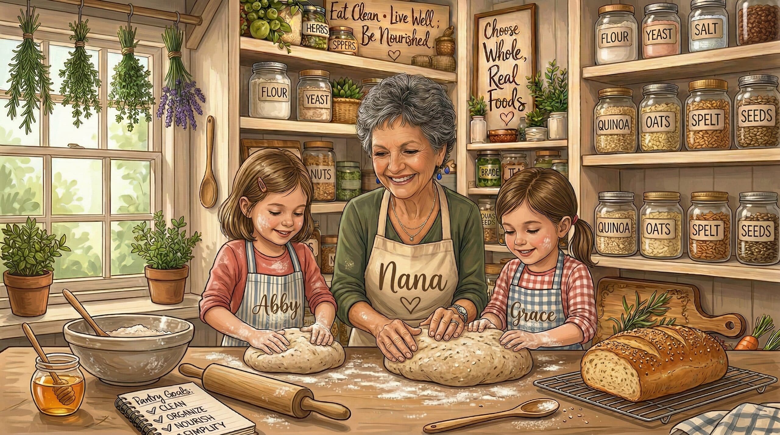 Grandmother teaching granddaughters to make bread